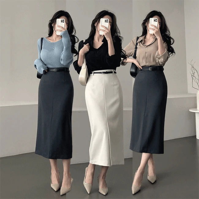 Alphabet Hemi Belt Set High Waist Spandex Slit Team Long Skirt 4 Colors