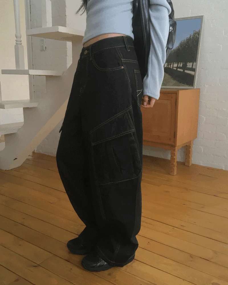 Parker diagonal cargo pocket wide denim pants 牛仔裤