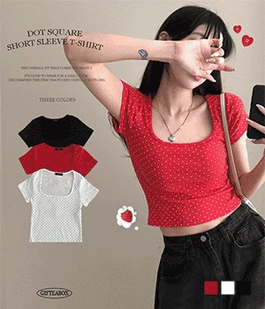 Dotted polka dot square neck crop short sleeve t-shirt