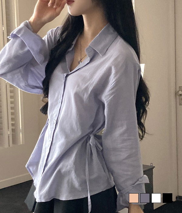 Forden Side Ribbon Strap Gauze Loose-fit Long Sleeve Shirt Shirt (Delayed delivery)