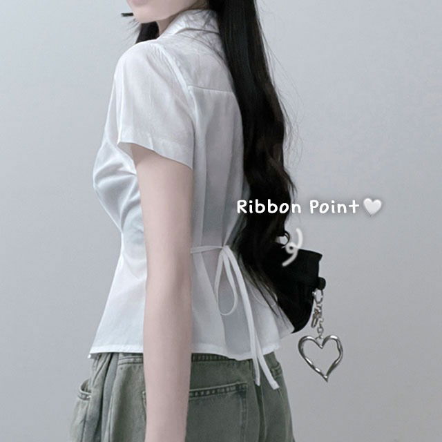 Modern chic back ribbon strap semi-crop short sleeve shirt Shirt