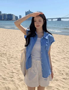假口袋捲袖亞麻襯衫