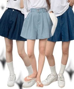 Waistband A-line two-pin tuck denim shorts