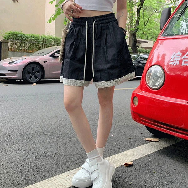 Recon lace hem denim shorts