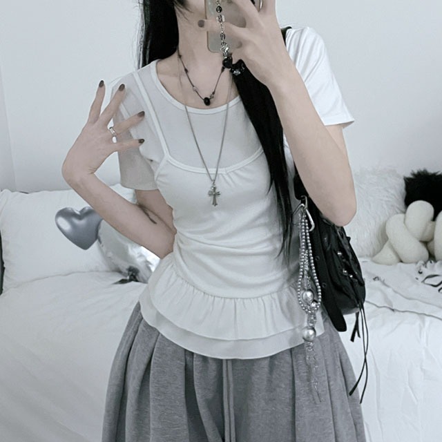 Ballet Frill Cancan Sleeveless Layered Side Shirring Slim Fit Short Sleeve Set 套装