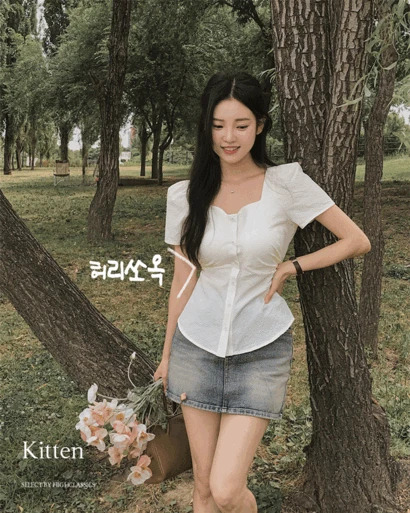 키튼 하트넥 스퀘어넥 시어커서 핀턱 퍼프 셔링 허리끈 플레어 반팔 블라우스