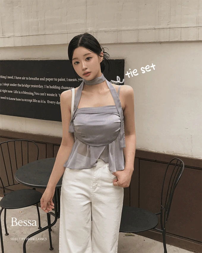 Besa Square Neck Shirring Drape Banding Tie Muffler Set Frill Flare Chiffon Sleeveless Blouse 无袖