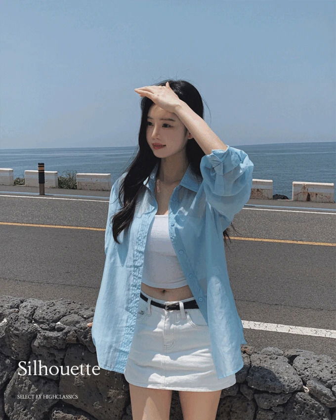 실루엣 카라넥 살안타템 장마룩 핀턱 소매 더블단추 옆트임 시스루 오버핏 루즈핏 셔츠