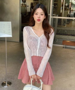 Yoru V-Neck neck see-through summer cardigan summer thin long sleeve outerwear Salantatem daily look white sky blue purple black