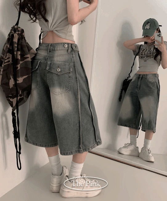 Pokan Bijo Hip Pocket Snap Denim Shorts Bermuda Pants