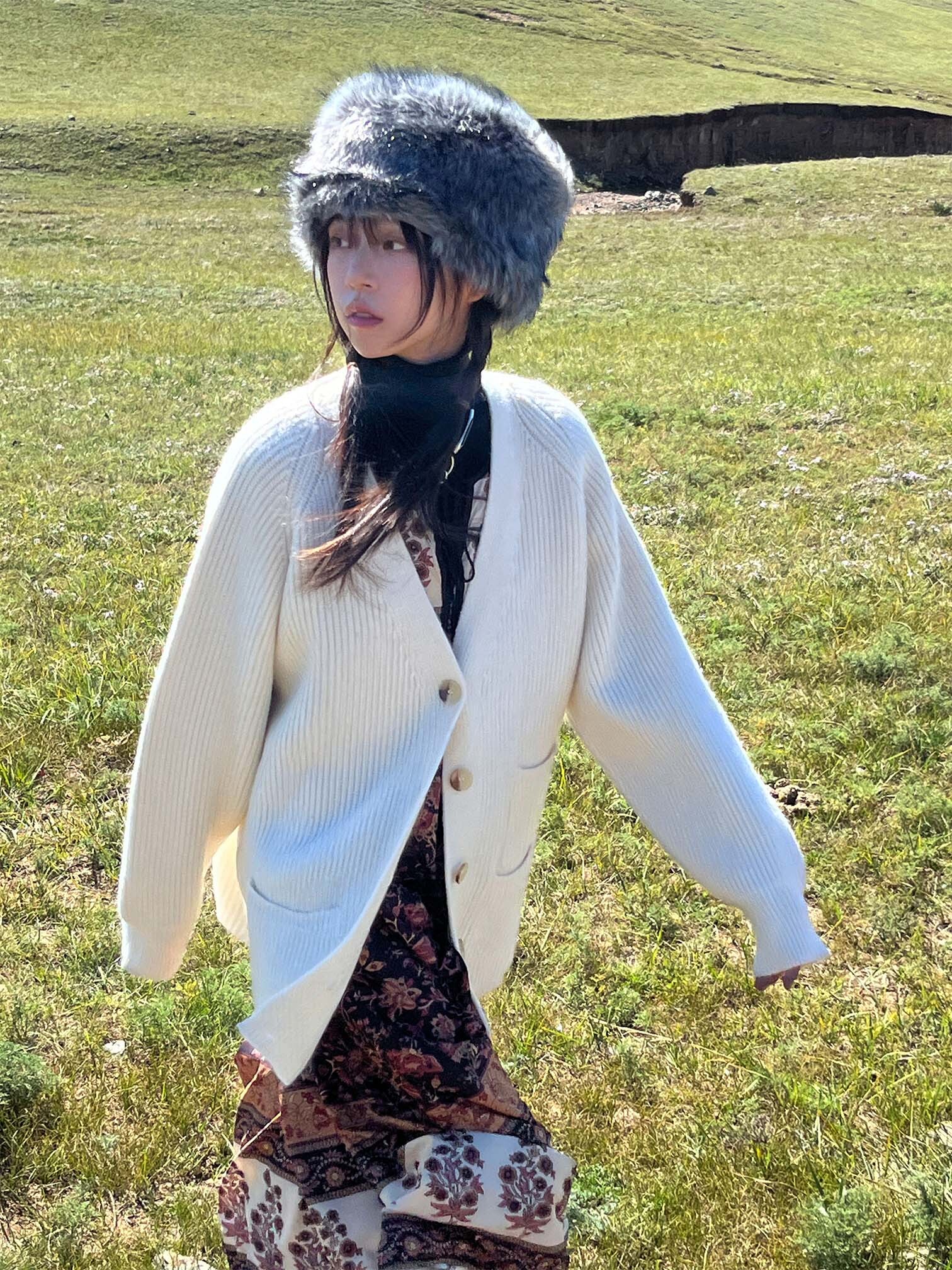純色長版寬鬆無領針織開襟外套