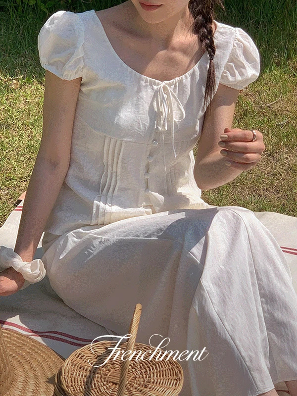 Verni Linen Ribbon Puff Shirring Summer Short Sleeve Blouse Resort Look/Travel Look/Date Look/Vacation Look 衬衫
