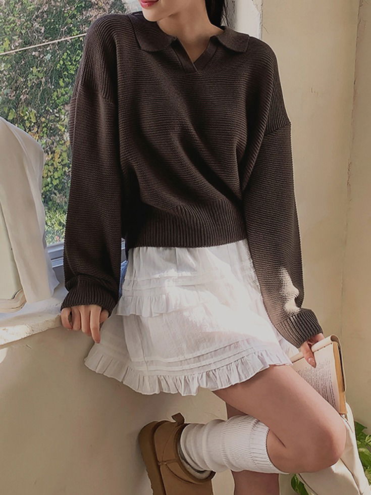 Verdiru Open Collar Semi-Crop Knitwear