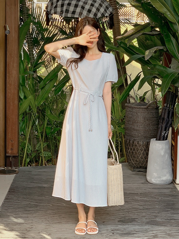 Chubiniel Check Wrinkle Strap Puff Long One Dress 连身裙
