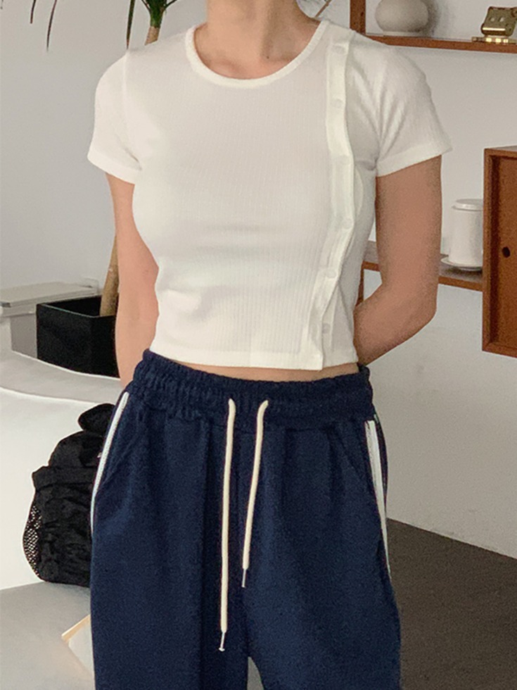 Ribbed Spandex ribbed crop button T-shirt