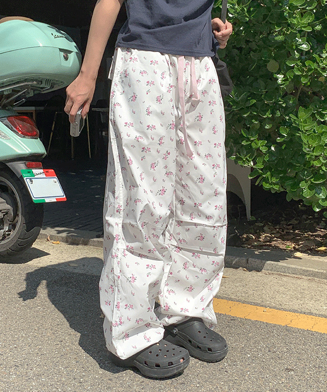 花卉印圖鬆緊長褲