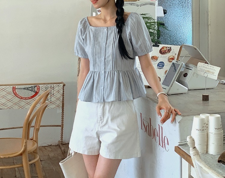 Deon's Earl Square Neck Puff Peplum Short Sleeve Blouse 衬衫