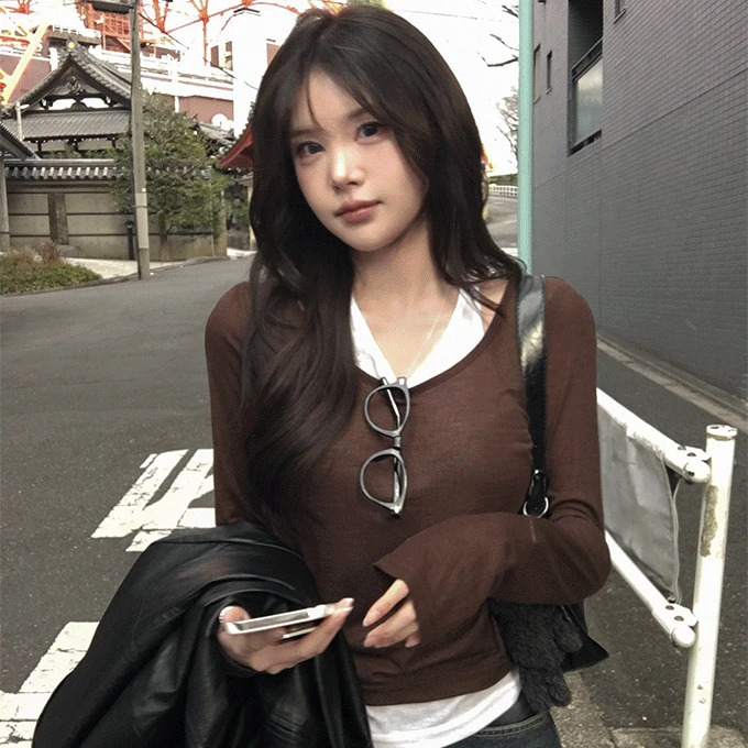 一體式V領長袖分層上衣