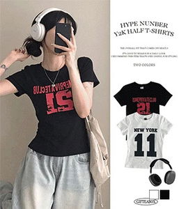 Y2K數字印花圓領短袖T恤