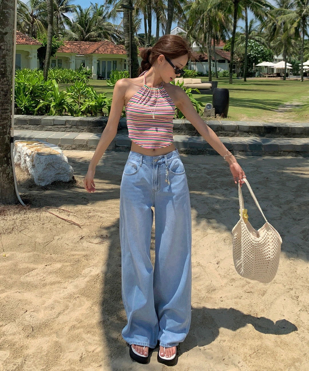 Mixed semi long wide denim pants