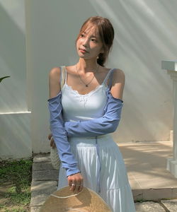 프립 레이스 리본 크롭 캡나시 끈나시