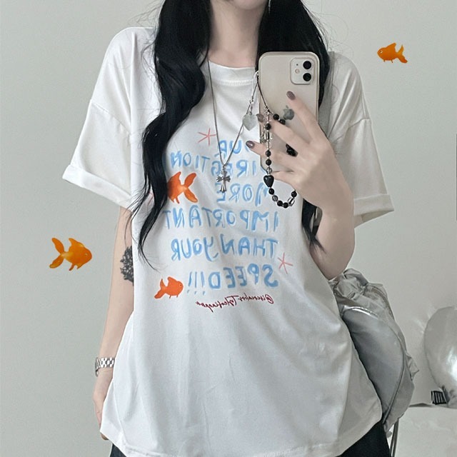 金魚字母印花寬鬆短袖T恤