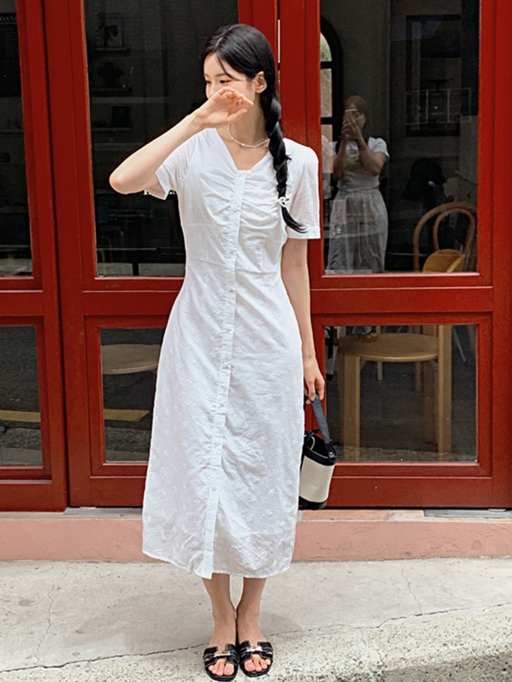 Porretina flower shirring V-Neck shirt long Dress