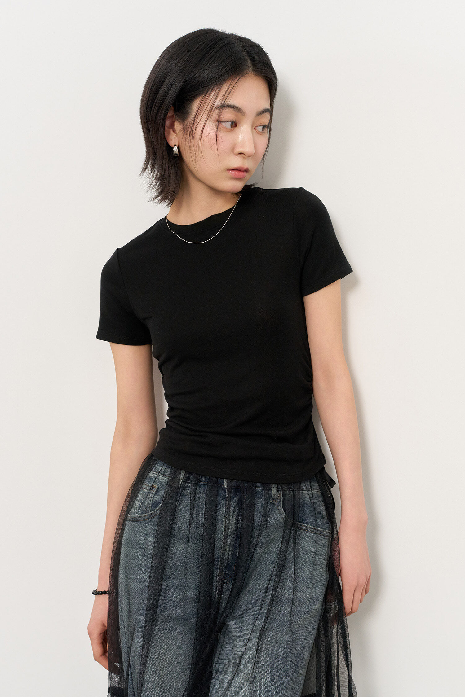 WOMAN Acetate Crewneck Shirring Short Sleeve T-shirt 短袖上衣