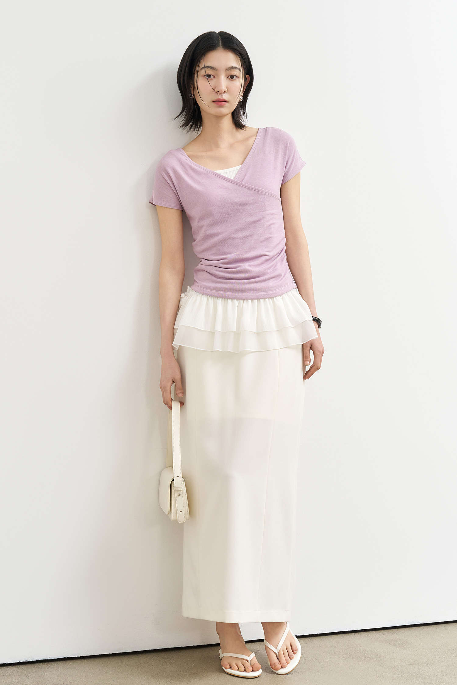WOMAN Acetate V-Neck Shirring Short Sleeve T-shirt 短袖上衣