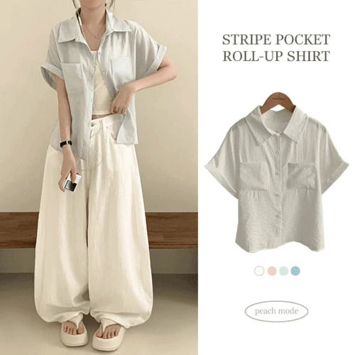 Leon Stripe Pocket Roll-up Pastel Short Sleeve Shirt