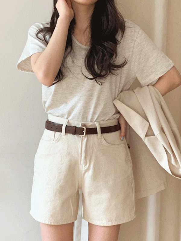 Oatmeal Summer High Waist Cotton Herringbone Daily Shorts Pants 短裤