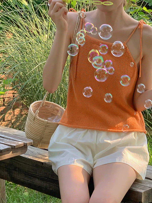Netted Boucle Ribbon Crop Sleeveless Sleeveless Knitwear Vacation Look/Travel Look 无袖