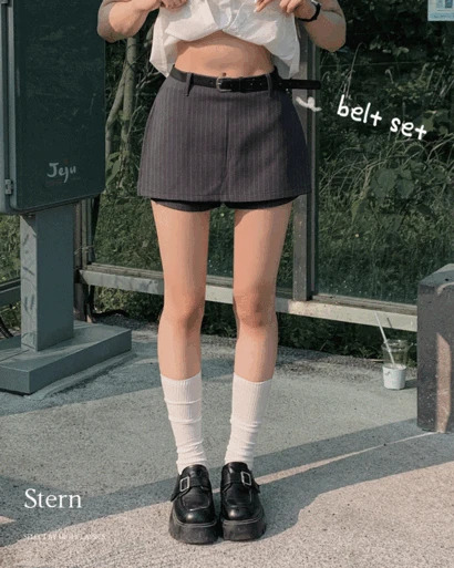 스턴 하이웨스트 스트라이프 벨트 세트 치마바지 숏팬츠 랩 미니 스커트
