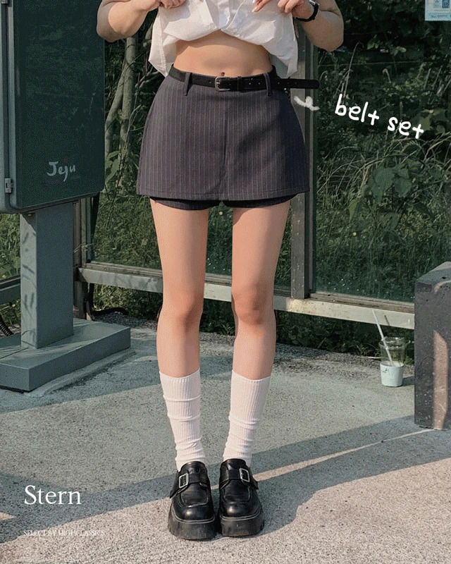 스턴 하이웨스트 스트라이프 벨트 세트 치마바지 숏팬츠 랩 미니 스커트