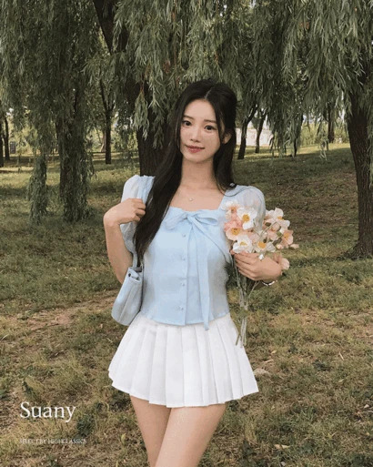 슈애니 스퀘어넥 리본스트랩 돔단추 퍼프소매 밑단굴림 쉬폰 시스루 여리핏 하객룩 반팔 블라우스