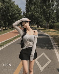 니엔 오프숄더 유넥 쫀쫀 슬림핏 시스루 베이직 텐셀 긴팔 티셔츠