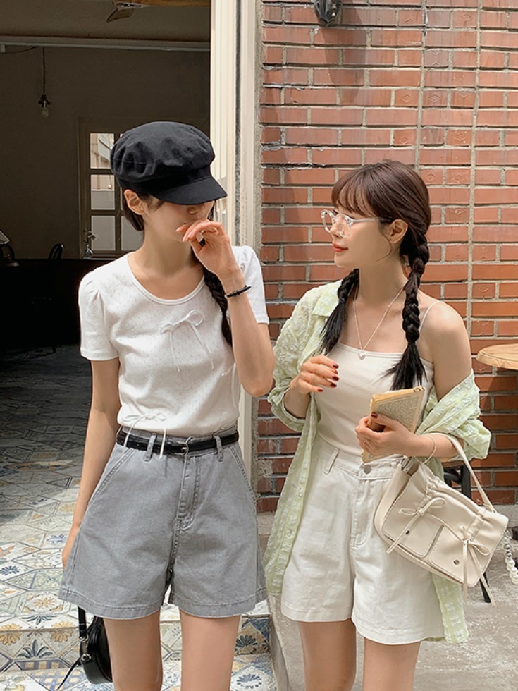 棉質高腰鬆緊帶短丹寧短褲