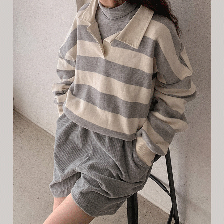 Unir #Open collar Fleece-lined Striped Sweatshirt 長袖上衣