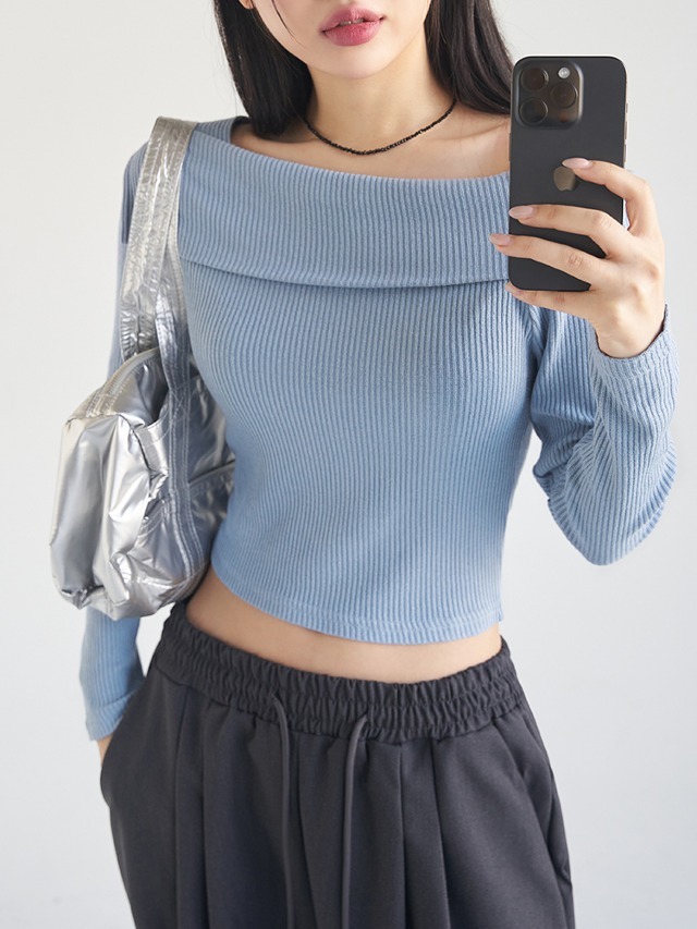 Big Size 55-99 Rosa Square Ribbed Semi Crop Off Knitwear T-Shirt Guest Look 针织衫