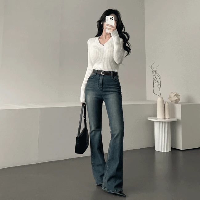 Ganadaran Karen 2-stage length high waist Spandex Dark Blue Faded Flared pants 牛仔裤