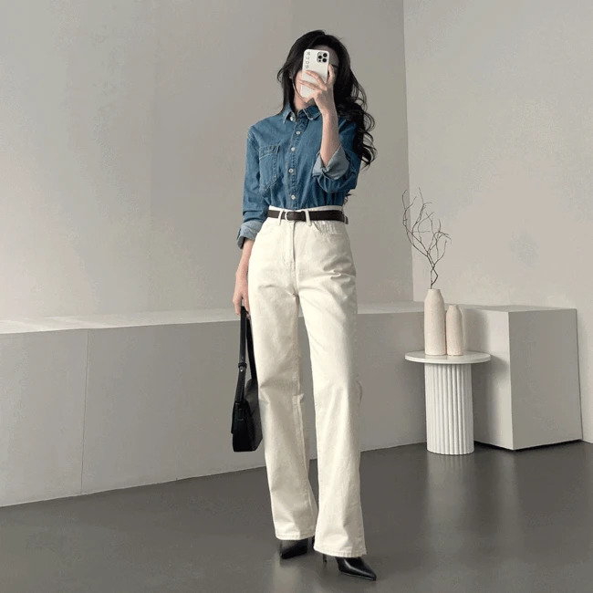 Ganadaran Creamy High Waist Cream Cotton Semi Wide Pants