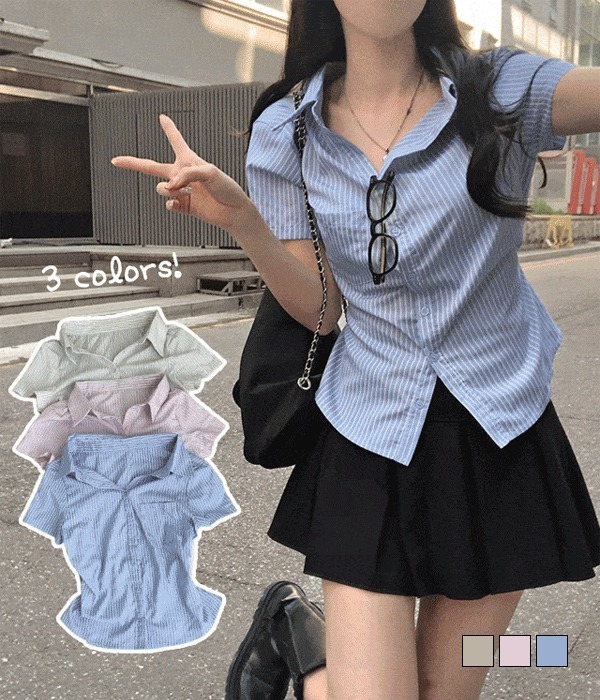 Slim fit back ribbon stripe short sleeve blouse shirt