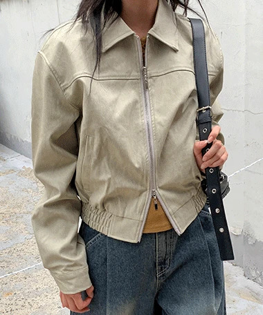 雙肩車線短版皮革外套