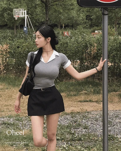 오힐 셔츠카라넥 커프스 레이어드 니트 세로골지 허리잘록 슬림핏 세미크롭 반팔 셔츠 블라우스