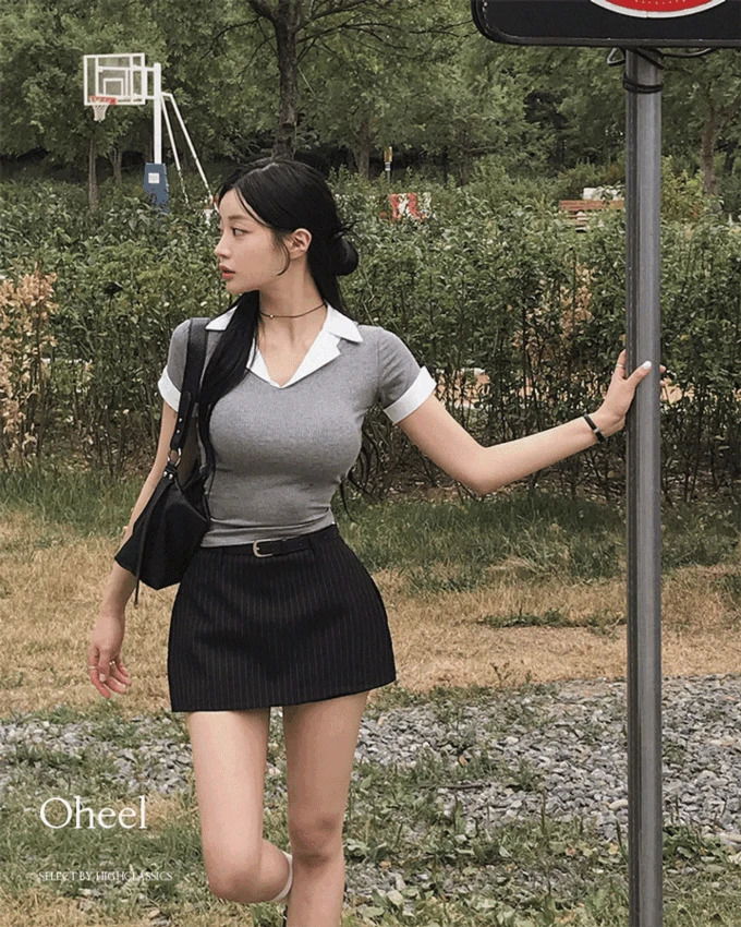 오힐 셔츠카라넥 커프스 레이어드 니트 세로골지 허리잘록 슬림핏 세미크롭 반팔 셔츠 블라우스
