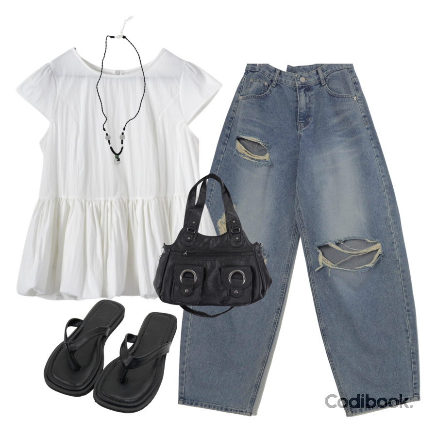 wonderwonder 마소 빈티지 꽃 원석 목걸이,wonderwonder 크랜 빈티지 포켓 레더 숄더백,EEZEE Vintage Distressed Balloon Denim DE017등을 매치한 코디