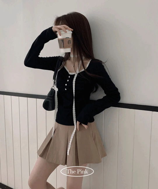 Month Slim Fit Square Neck Lace Shirring Long Sleeve T-shirt + Lace Muffler Set