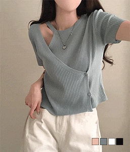 秘密開衩側邊扣子羅紋短袖針織上衣