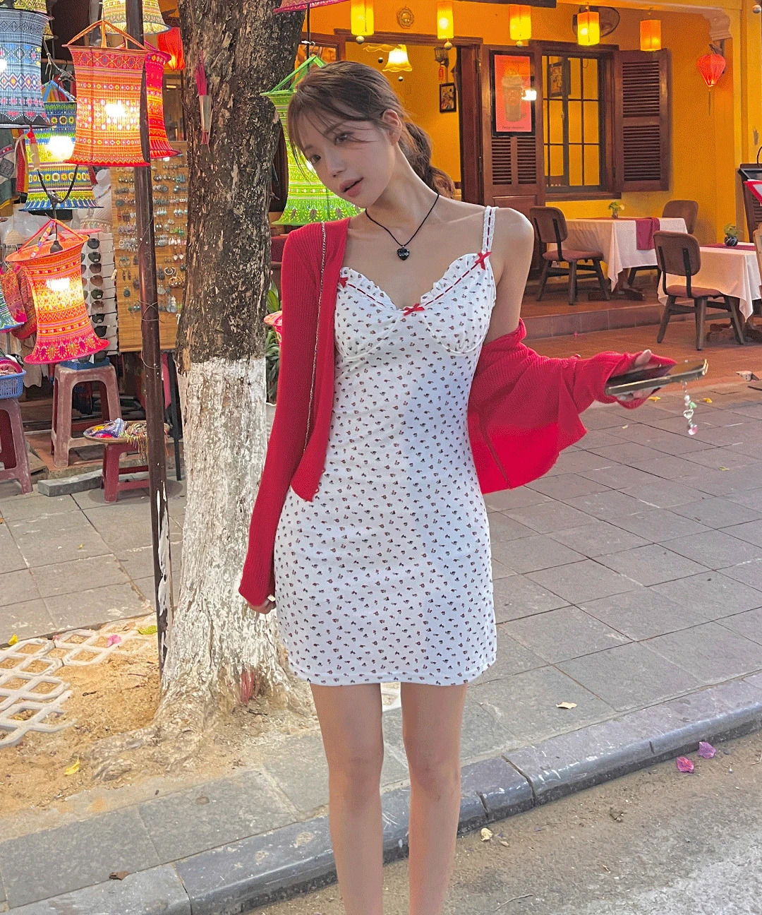 하타 레드 플라워 뷔스티에 리본 프릴 미니 원피스