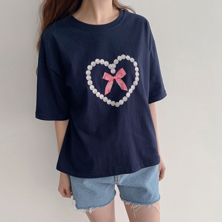 진주하트리본 루즈핏반팔티